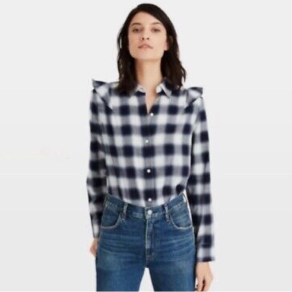 CLUB MONACO EUC Evira M Plaid Flannel Ruffle Shoulder Top Shirt Button Front